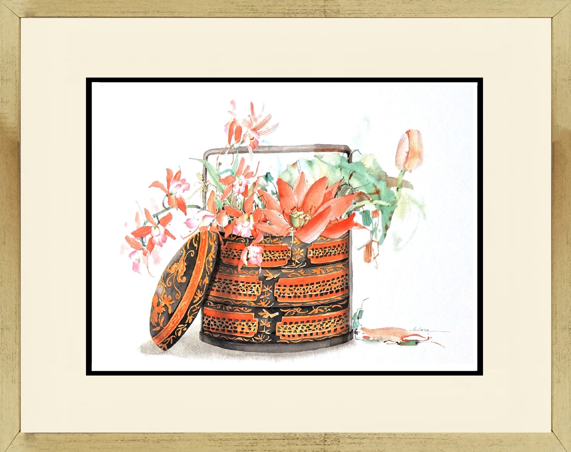 Watercolour Painting wall art of a brown Peranakan Bakul Sia (Basket) with Flowers by Clara Hung Mei Yee